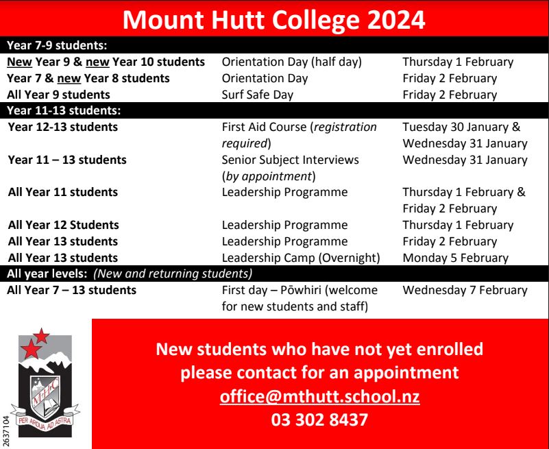 2024 Start Dates Mount Hutt College